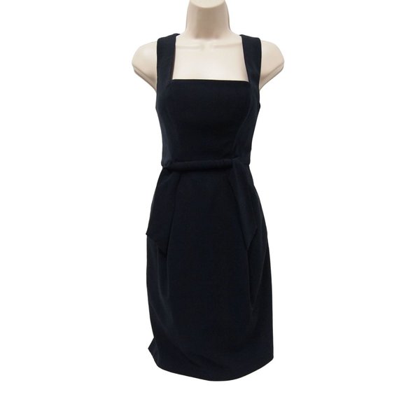 Black Halo Womens Dress 2 Navy Blue Sheath Career Twist Belt Square Neck Pockets - Picture 1 of 7